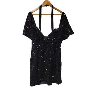 NWT PrettyLittleThings Plus Black Sequin Velvet Bardot Bodycon Dress Whimsi Goth